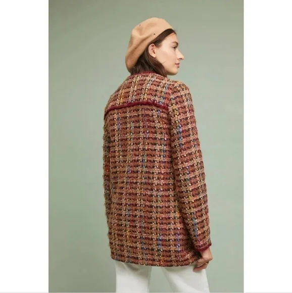 ANTHROPOLOGIE Ett:twa Harlequin Oversized Tweed Brown Burgundy Blazer Jacket - Picture 3 of 15